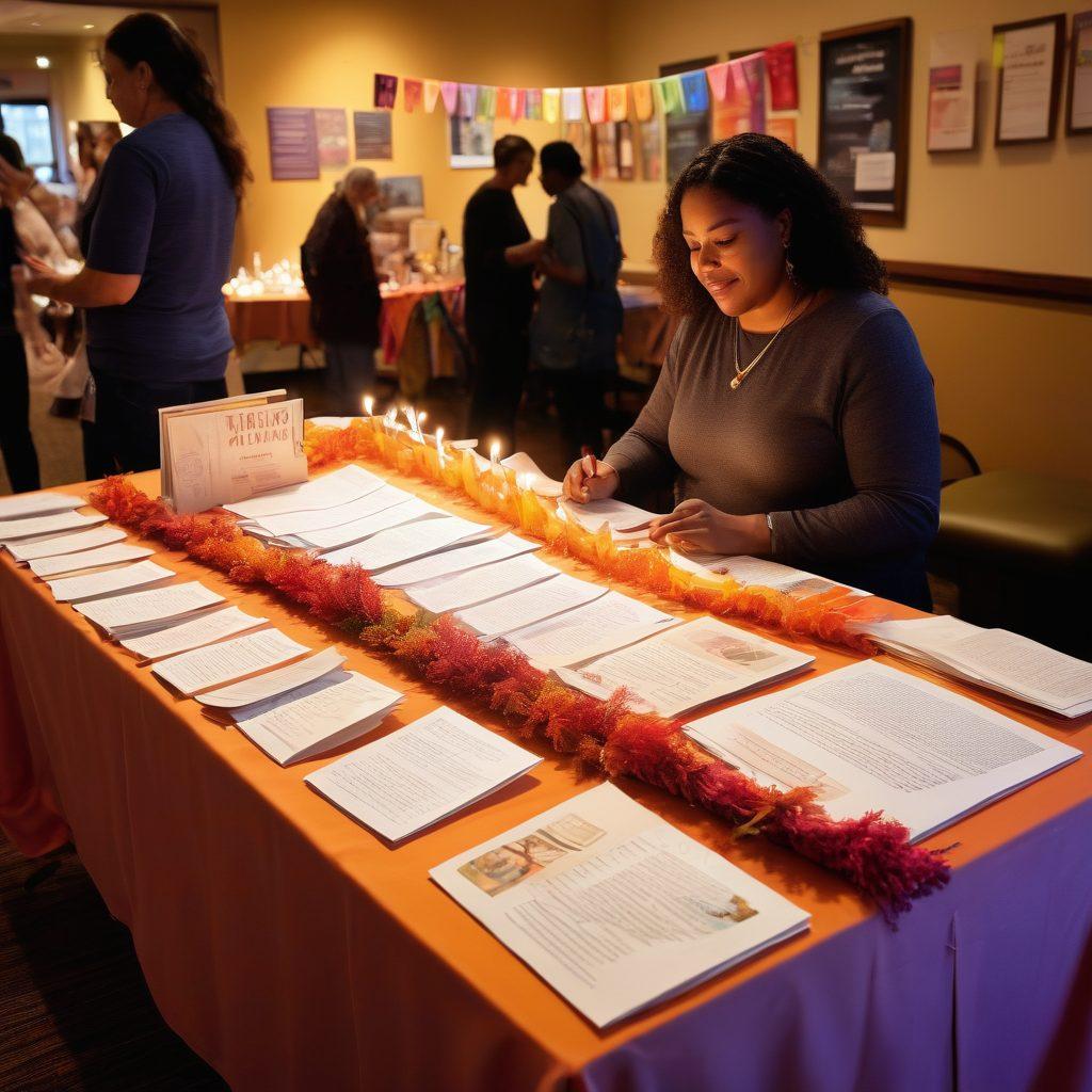 A vibrant community gathering, showcasing diverse individuals sharing stories of hope and resilience. Include supportive elements like a resource table filled with pamphlets and informational brochures. Weave in symbols of advocacy, such as ribbons and banners. Highlight a warm and inviting atmosphere with soft lighting, illustrating the strength of support and empowerment. super-realistic. vibrant colors. warm tones.