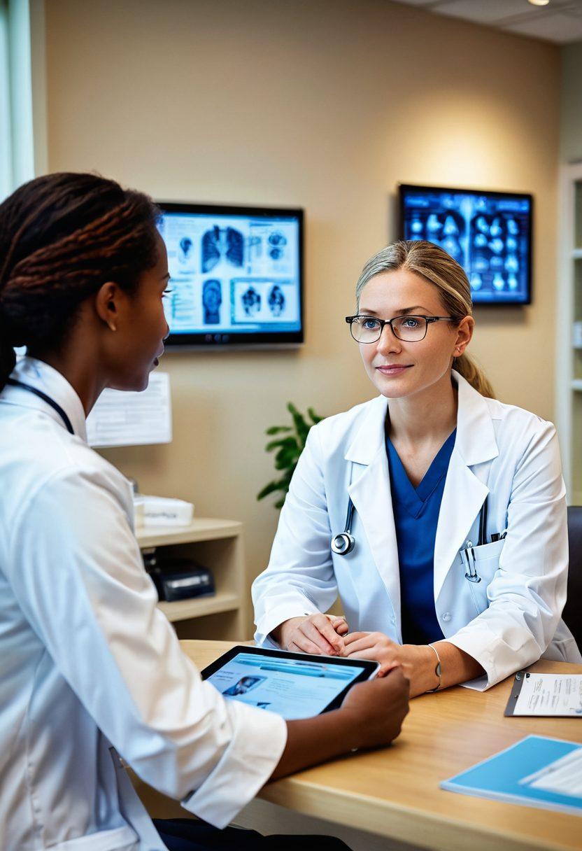 A thoughtful patient in a warm, inviting doctor's office, engaged in a conversation with an oncologist. The scene showcases a diverse team of healthcare professionals collaborating with modern technology, like tablets displaying patient data. Background includes motivational posters about health empowerment and personalized care. Soft, natural lighting enhances the positive atmosphere. super-realistic. vibrant colors. warm tones.
