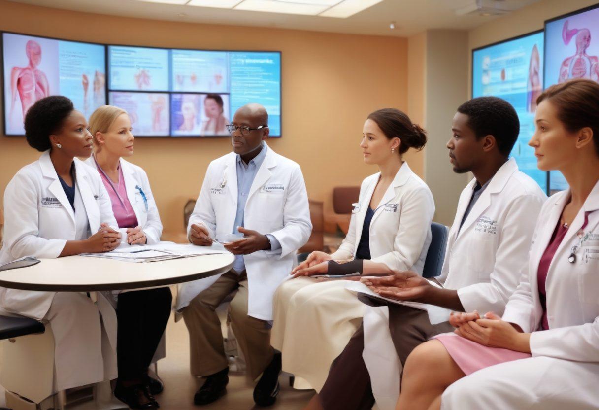 A diverse group of patients in a modern healthcare setting, engaged in discussions with empathetic doctors. Visual cues like cancer awareness ribbons and informative brochures about treatment options are present. The atmosphere conveys hope and empowerment through soft lighting and warm colors. Incorporate digital screens displaying the latest oncology news in the background. super-realistic. vibrant colors. 3D.
